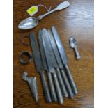 Silver items to include a German 800 silver spoon,Child's spoon, Georgian silver handled knives