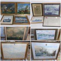 Mixed naval related pictures to include several oil paintings in gilt frames, a print depicting