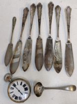 Silver plated flatware and an eight day large pocket watch Location: