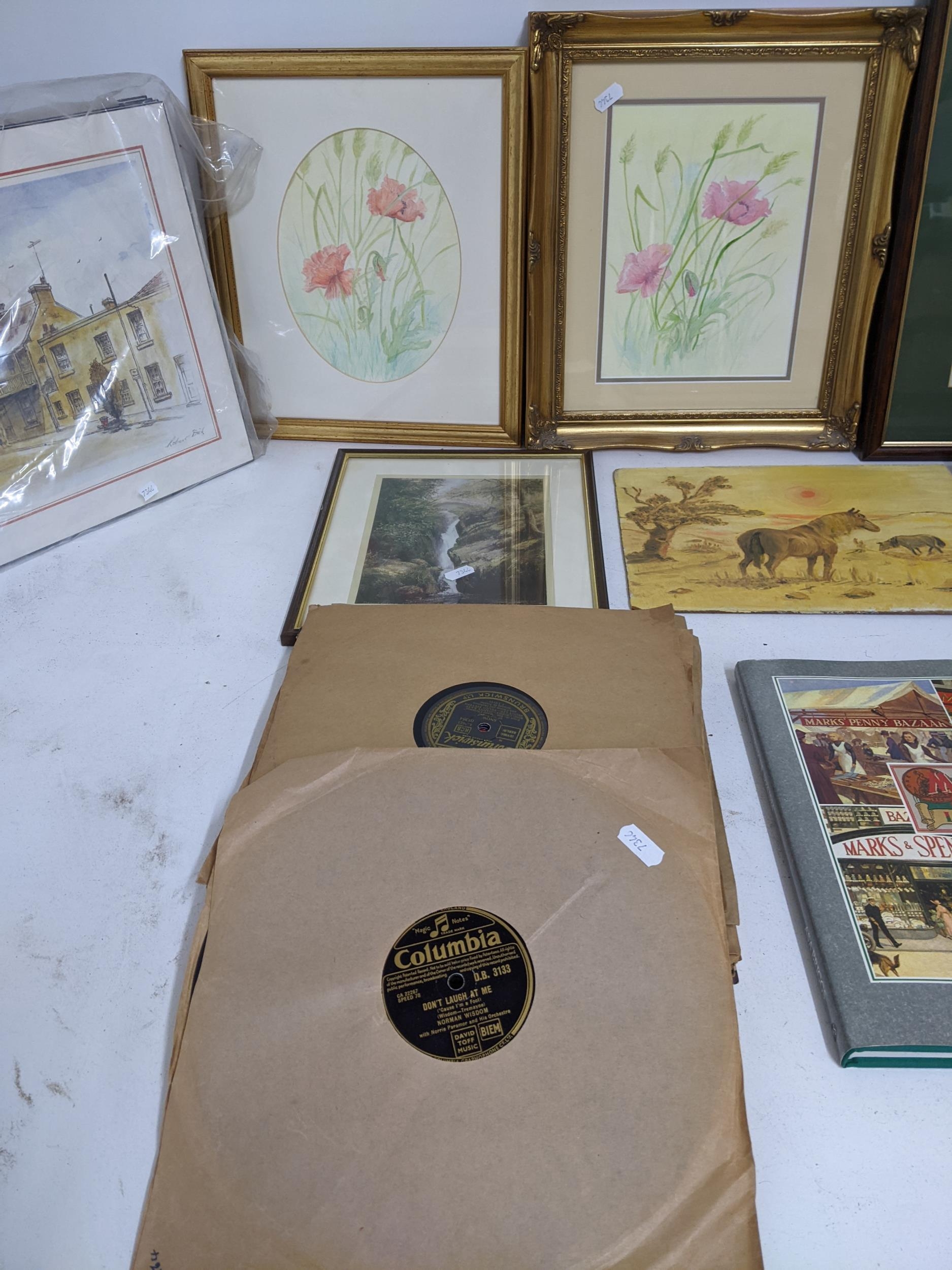 A mixed lot of watercolours and prints, 78rpm records to include Norman Wisdom, two wooden - Image 2 of 5
