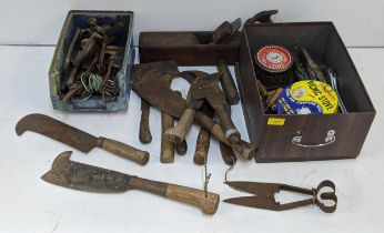 Vintage hand tools to include a record plane, scribers, tin snips, adjustable spanners and other