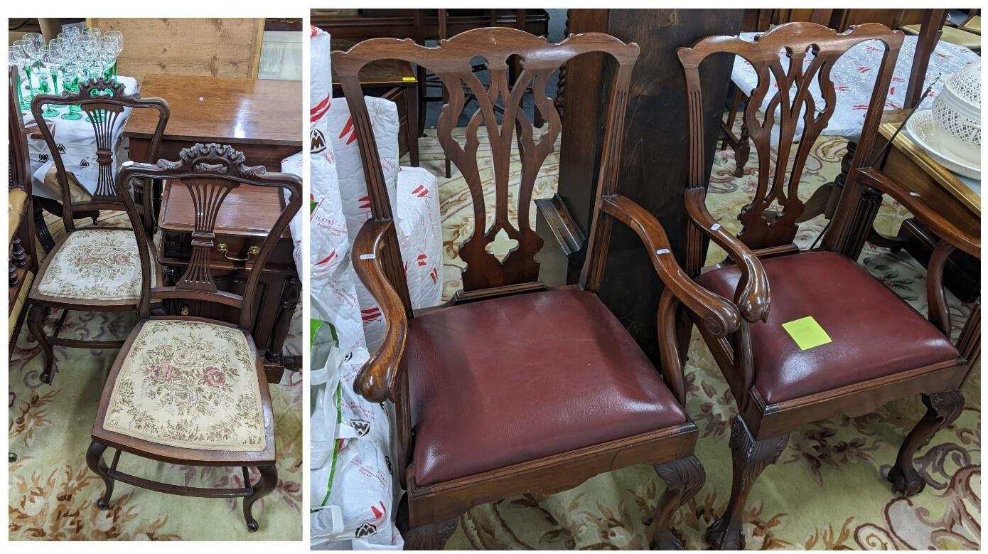 Mixed chairs to include a pair of 1920s bedroom chairs and a pair of Chippendale style armchairs