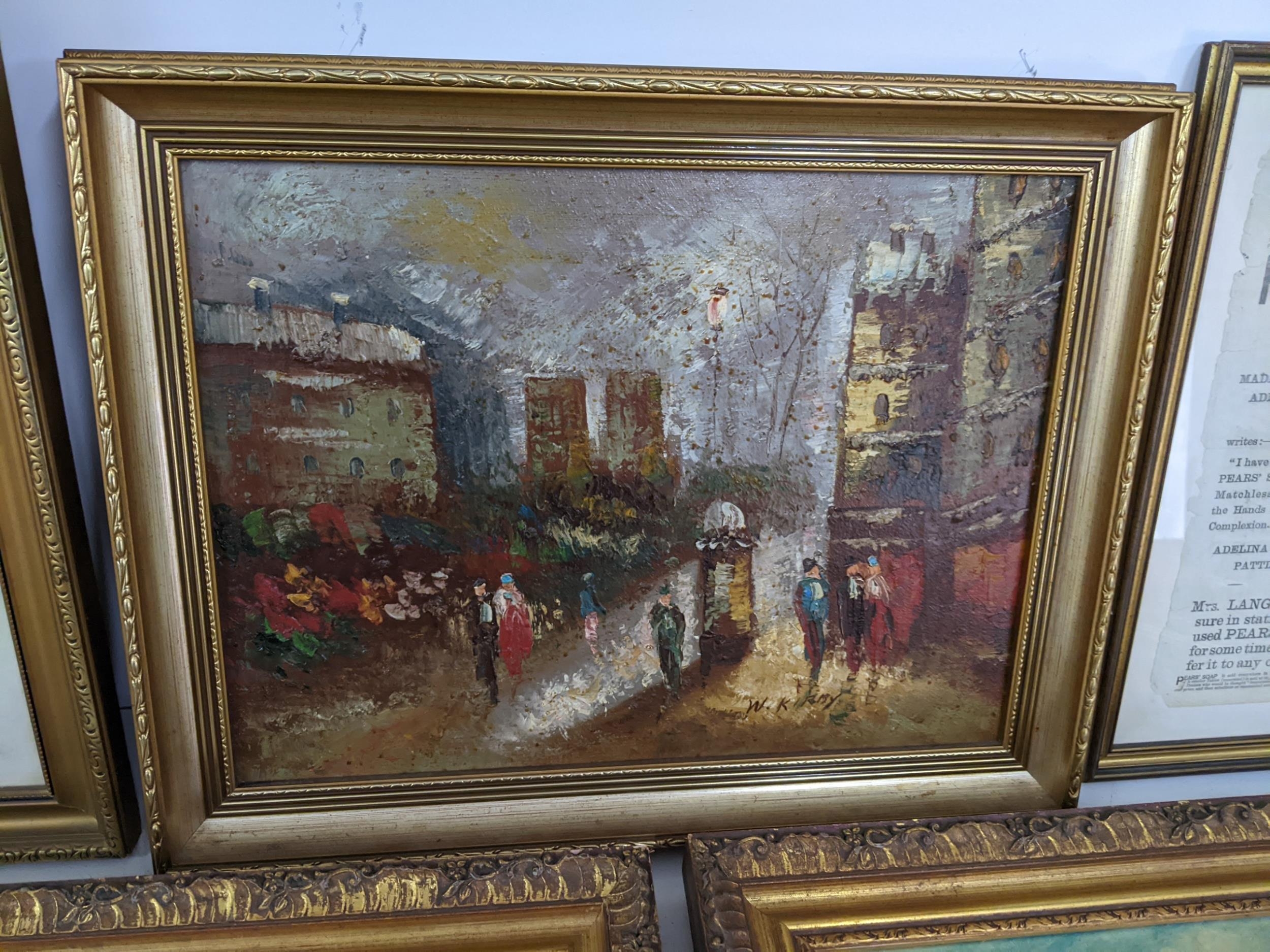 A mixed lot of framed pictures to include an oil on canvas of a French street scene by W Kirby, - Image 8 of 11