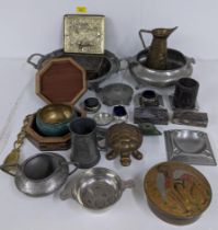 Pewter and other decorative wares to include an inlaid mother of pearl jewellery box, a large twin