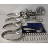 Silver plated items to include a floral embossed coffee pot, Sorley fish serving cutlery in a fitted