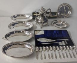 Silver plated items to include a floral embossed coffee pot, Sorley fish serving cutlery in a fitted