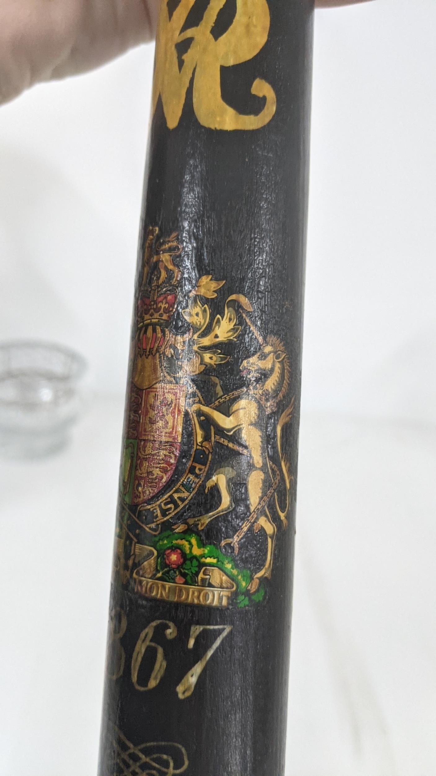 A city of York wooden truncheon with a turned grip date 1867, painted with VR cipher, transfer paint - Image 4 of 4