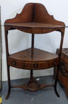 A George III mahogany corner washstand having two open shelves and three drawers 96.5cm h x 53cm w