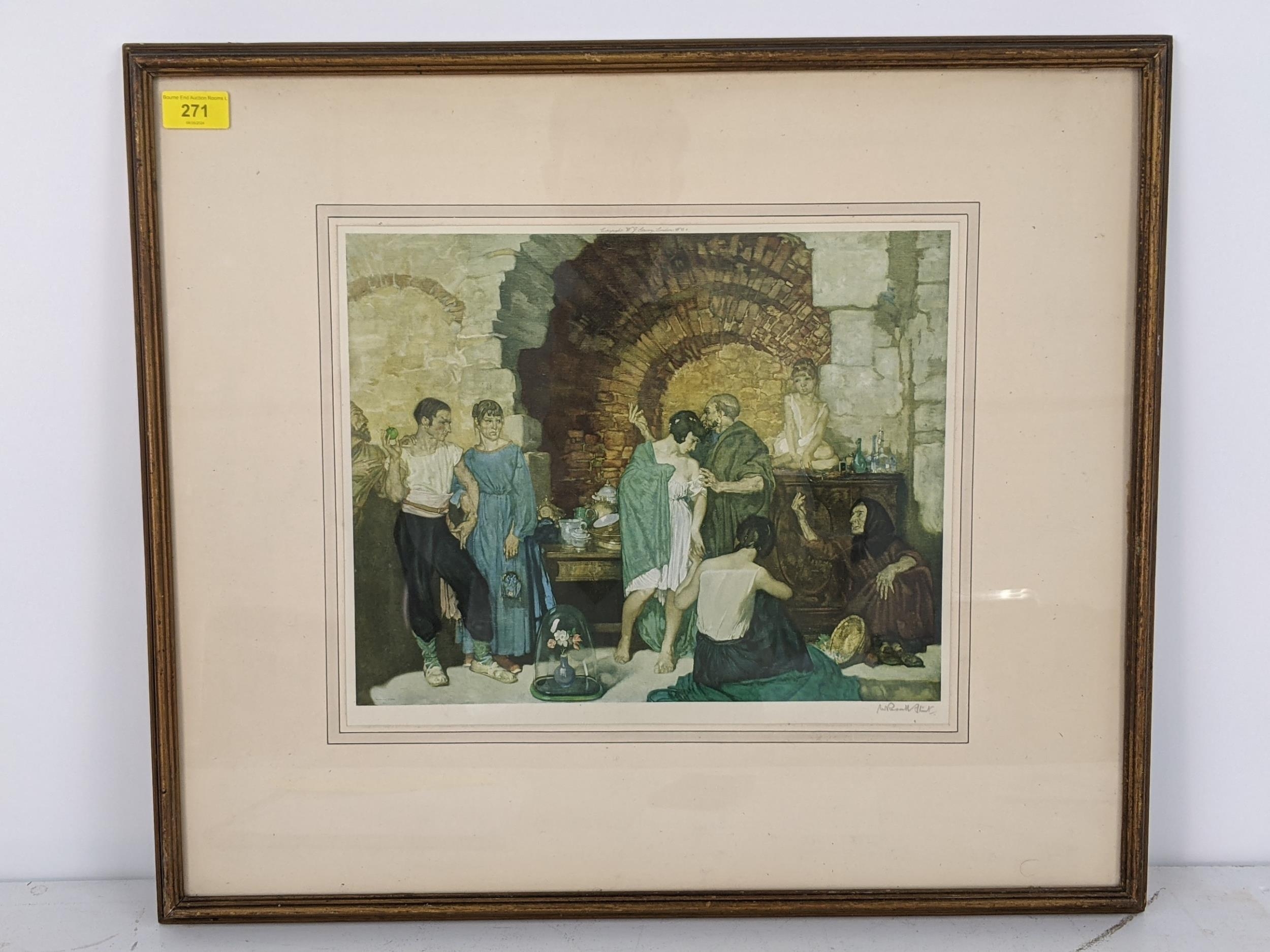 A Sir William Russell Flint print depicting people in traditional dress discussing a matter with