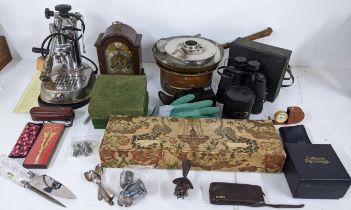 A mixed lot to include a Tempus Fugit mantel clock, a vintage Pavoni coffee machine (without