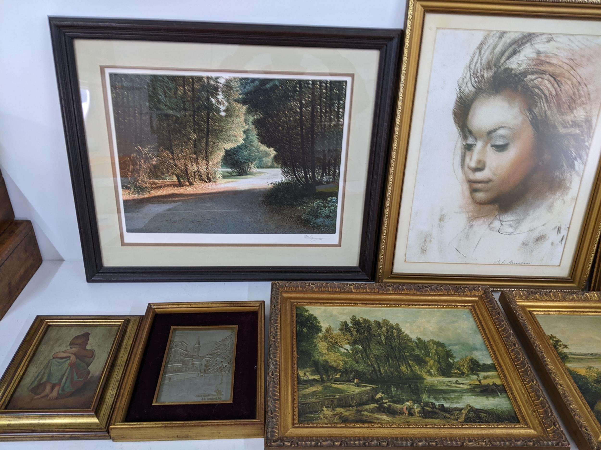 A mixed lot of framed pictures to include an oil on canvas of a French street scene by W Kirby,