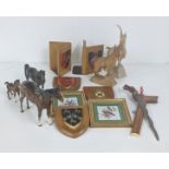 A mixed lot to include three Beswick horses A/F together with, crested plaque book ends and wall