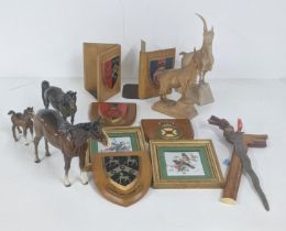 A mixed lot to include three Beswick horses A/F together with, crested plaque book ends and wall
