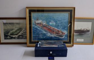 Nautical items related to container ships to include a painting of 'Sivan' by N. kikkawa, a framed