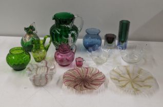 Victorian and later glassware to include a Mary Gregory green glass jug, a ruby glass Mary Gregory