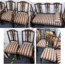 An Edwardian salon mahogany suite consisting of two armchairs, sofa, and four side chairs Location: