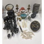 An Oriental and Indian related mixed lot to include a pair of brass candlesticks fashioned as rattle