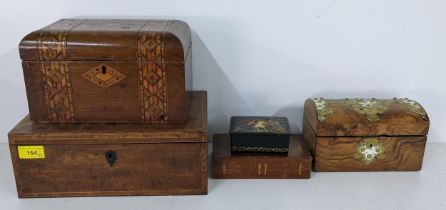 Five boxes to include a walnut tea caddy, a Russian painted box and others Location: If there is