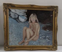 An oil on canvas depicting a portrait of a nude girl, 40cmHx 50.5cmW in a gilt frame Location: If