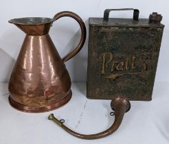 Metalware to include a Victorian jug, Pratts petrol can and WW1 horn Location: If there is no
