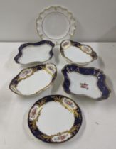 Cauldon ware to include four dishes and a plate, together with a Royal Crown Derby Lombardy plate