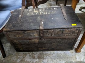 Old wooden box with iron strapwork and catch 43cm x 76cm x 40cm Location: