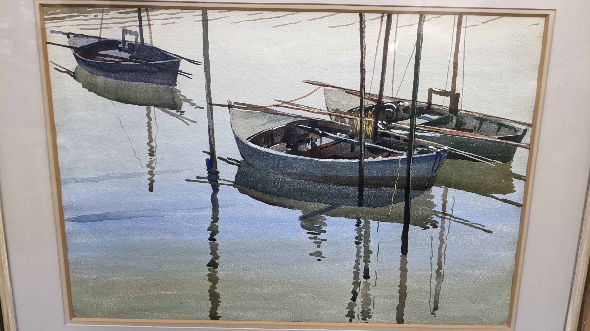 Bernard Parker - a watercolour depicting moored fishing boats, 55.5cm x 38cm framed Location: A1B - Image 2 of 3