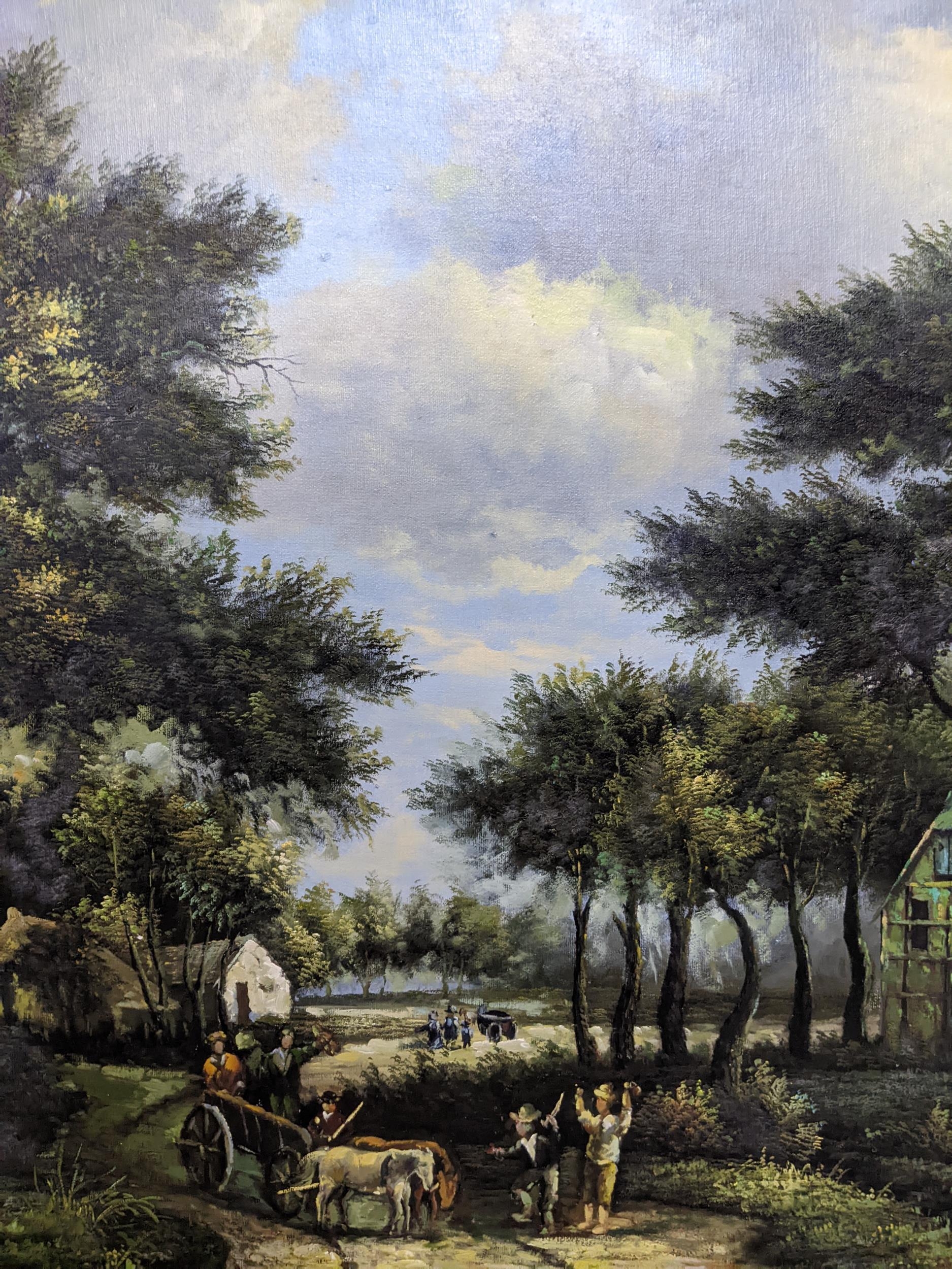 A late 20th century oil painting on board depicting figures in a horse drawn cart in an extensive - Image 3 of 3