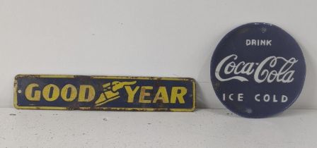 Two late 20th century advertising signs to include Good Year 20cmW x 3.8cmH together with a Coca-