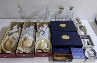 Ceramics and glassware to include decanters, Wedgwood Jasperware, a pair of cups and saucers, a