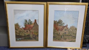 A E Jackson - a pair of cottage scenes with chickens watercolour 37cm x 27cm framed and glazed