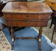 A 19th century French walnut work table having two drawers and turned supports, 79cm h x 68cm w