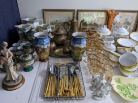 A mixed lot to include a dinner service, silver plate, local signed prints and other items,
