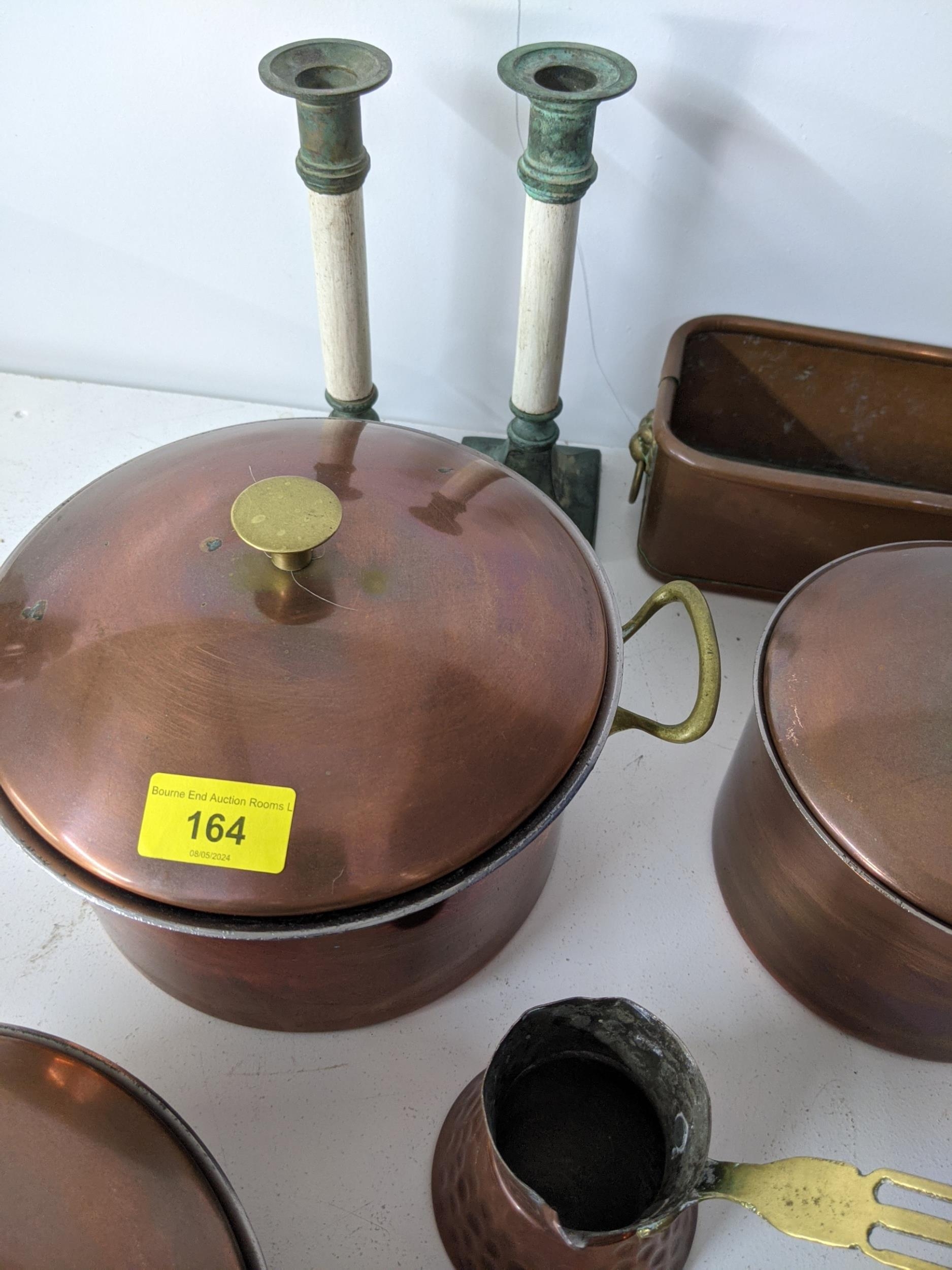 Metalware to include a copper plated pan set, candlesticks and other items Location: If there is - Image 3 of 6