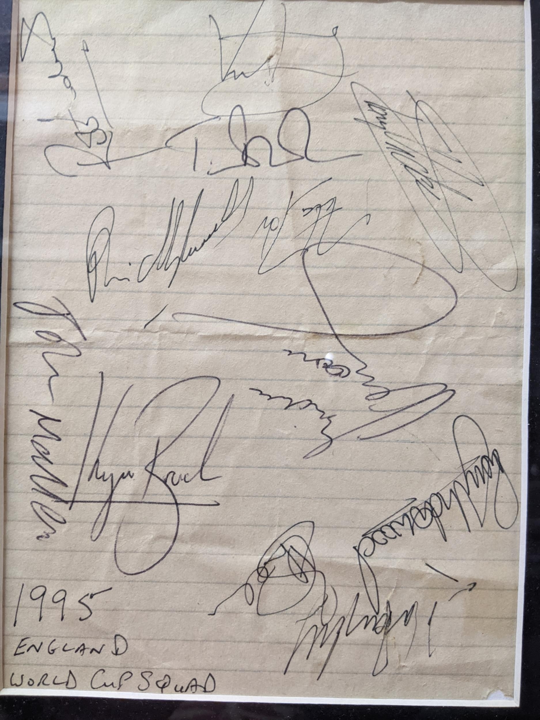 A mixed lot to include a framed sheet of paper containing the signatures of the 1995 England rugby