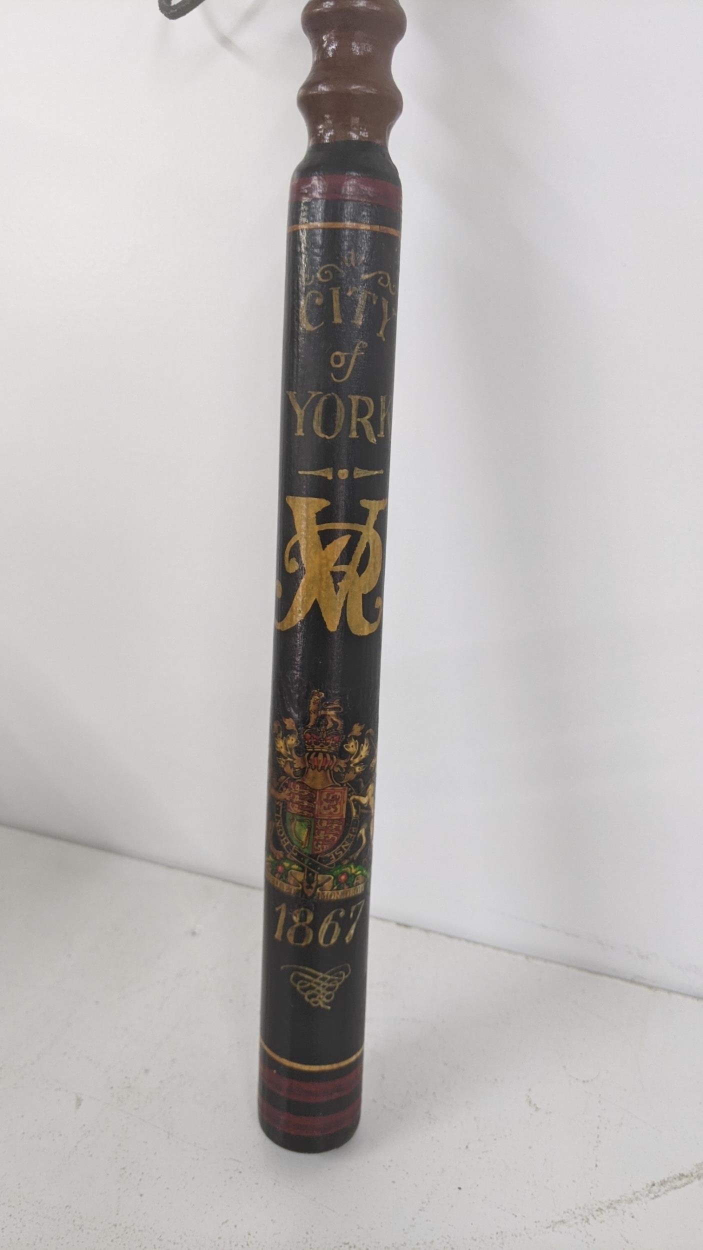A city of York wooden truncheon with a turned grip date 1867, painted with VR cipher, transfer paint - Image 2 of 4
