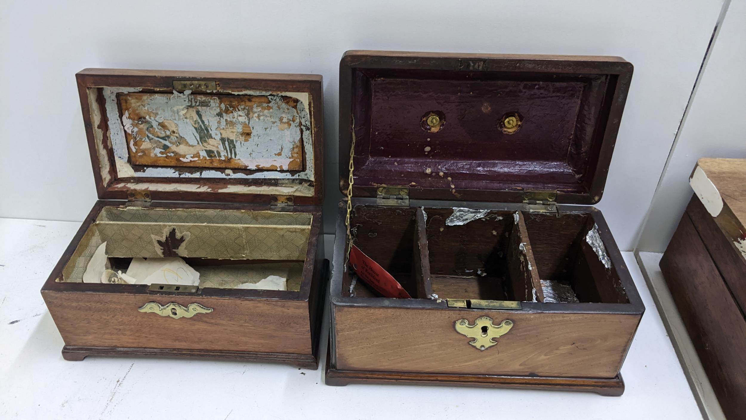 Two 19th century mahogany sarcophagus formed tea caddies, both with brass swan neck handles and - Image 2 of 2