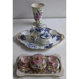 A Copeland blue and white cabaret set with two cups, cream jug, teapot A/F, sugar basin, a Mailing