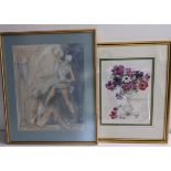 Two framed pictures one of vase of flowers & the other named 'Metamorphosis' by Janet Treby