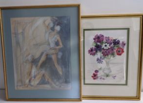 Two framed pictures one of vase of flowers & the other named 'Metamorphosis' by Janet Treby