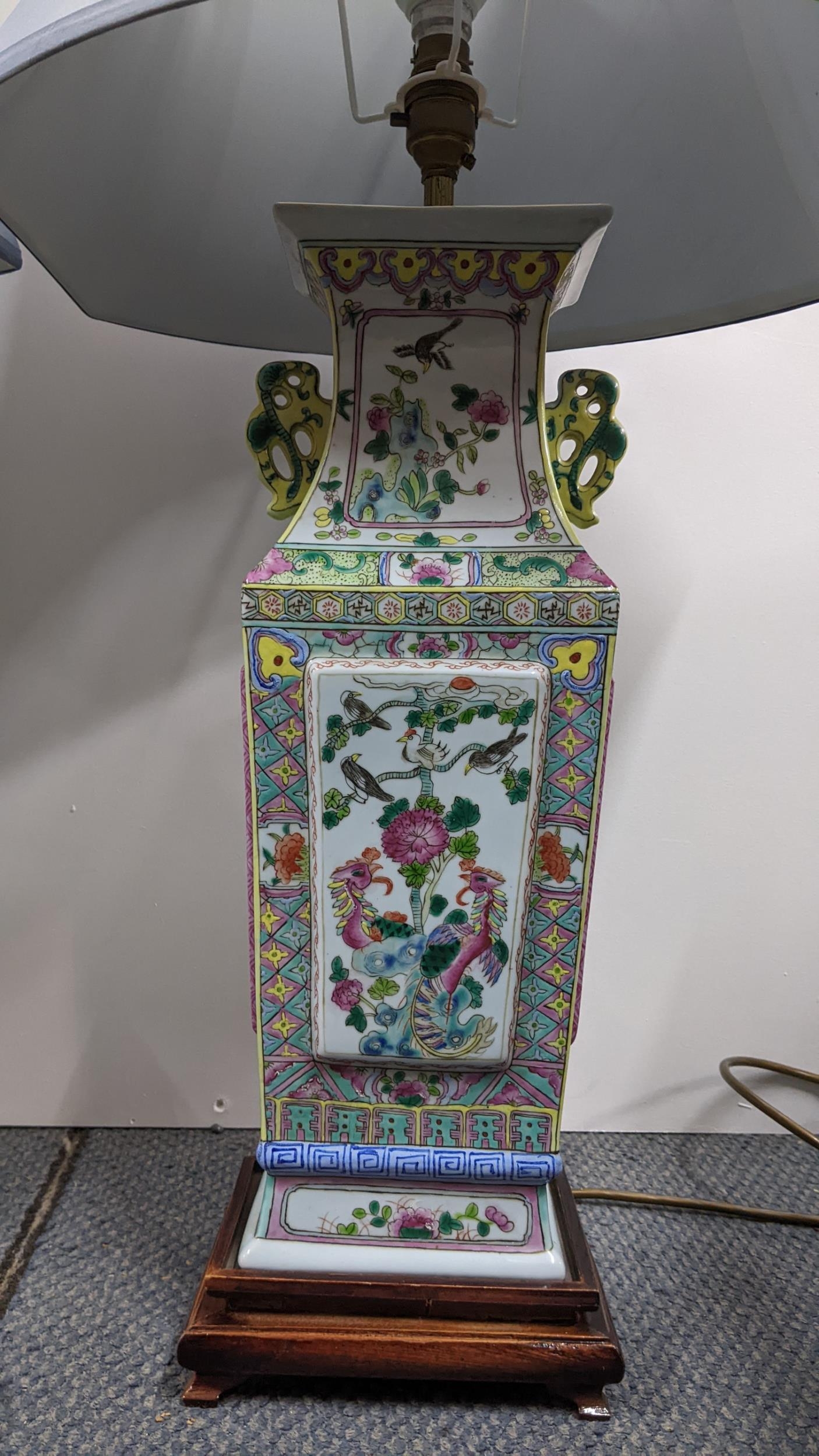 Two Chinese 20th century Famille Rose table lamps, one decorated with panels of figures and other of - Image 2 of 3