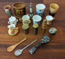 Mixed miniatures to include a horn shot glass, vintage coin dispensers, a Royal Worcester