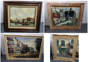 Paintings to include an oil on canvas depicting a Dutch scene of fishing boats, a street scene,