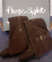 A pair of unworn Phase Eight ladies brown suede knee length boots with brushed gold tone buckles and