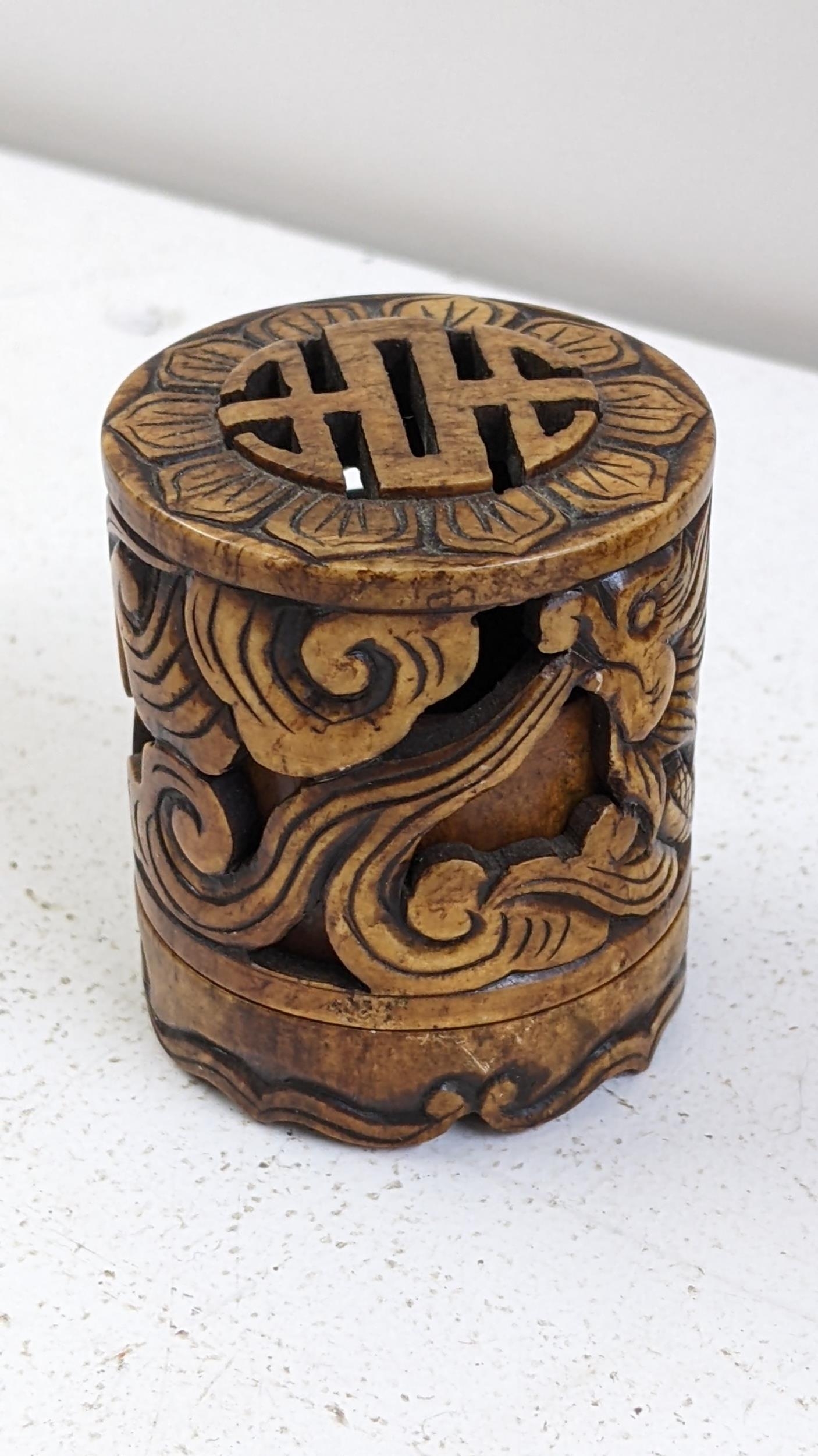 A Chinese Shouchan stone carved incense burner, a carved Anglo Indian box Location: If there is no - Image 2 of 3