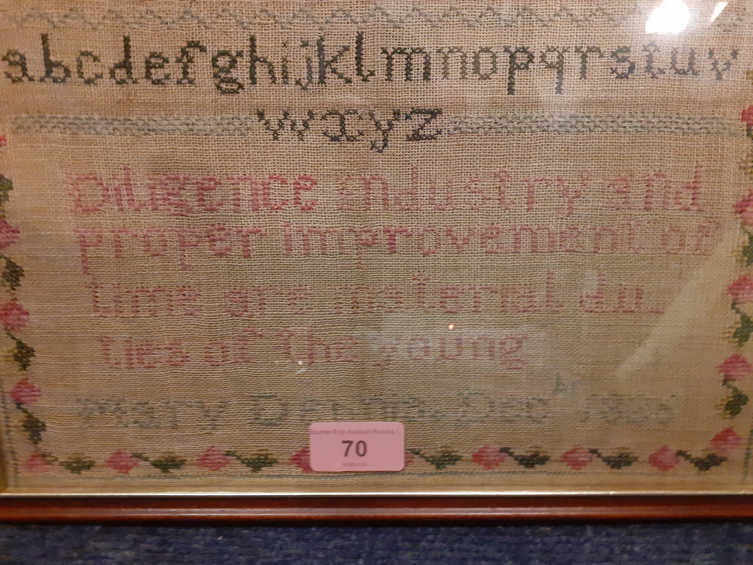 An 1836 sampler worked by Mary Dennis, stretched and framed with alphabet and written verse, 31cm - Image 2 of 3