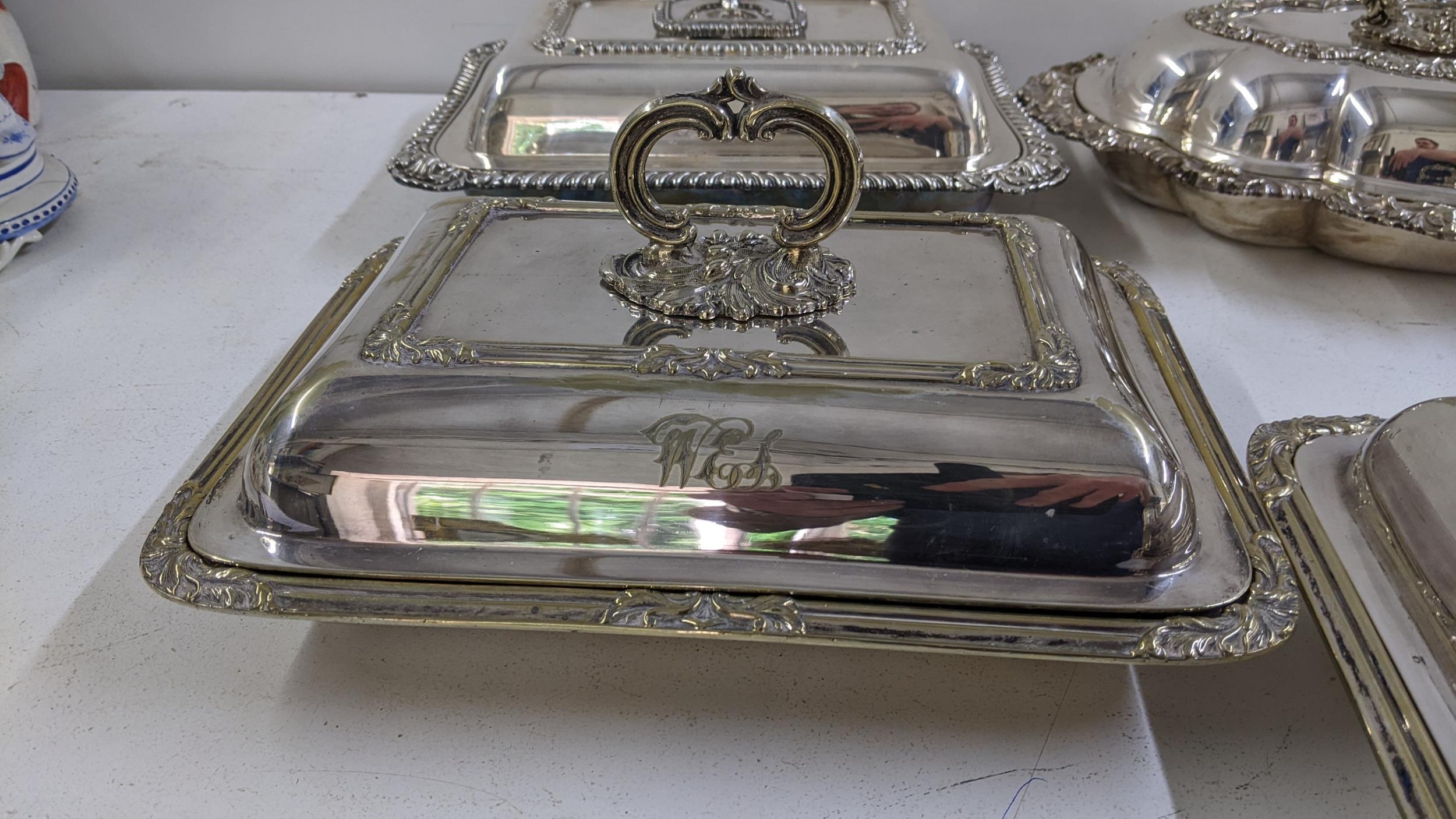 Four silver plated serving tureens to include a matching pair with C scroll handles, engraved with - Image 4 of 4