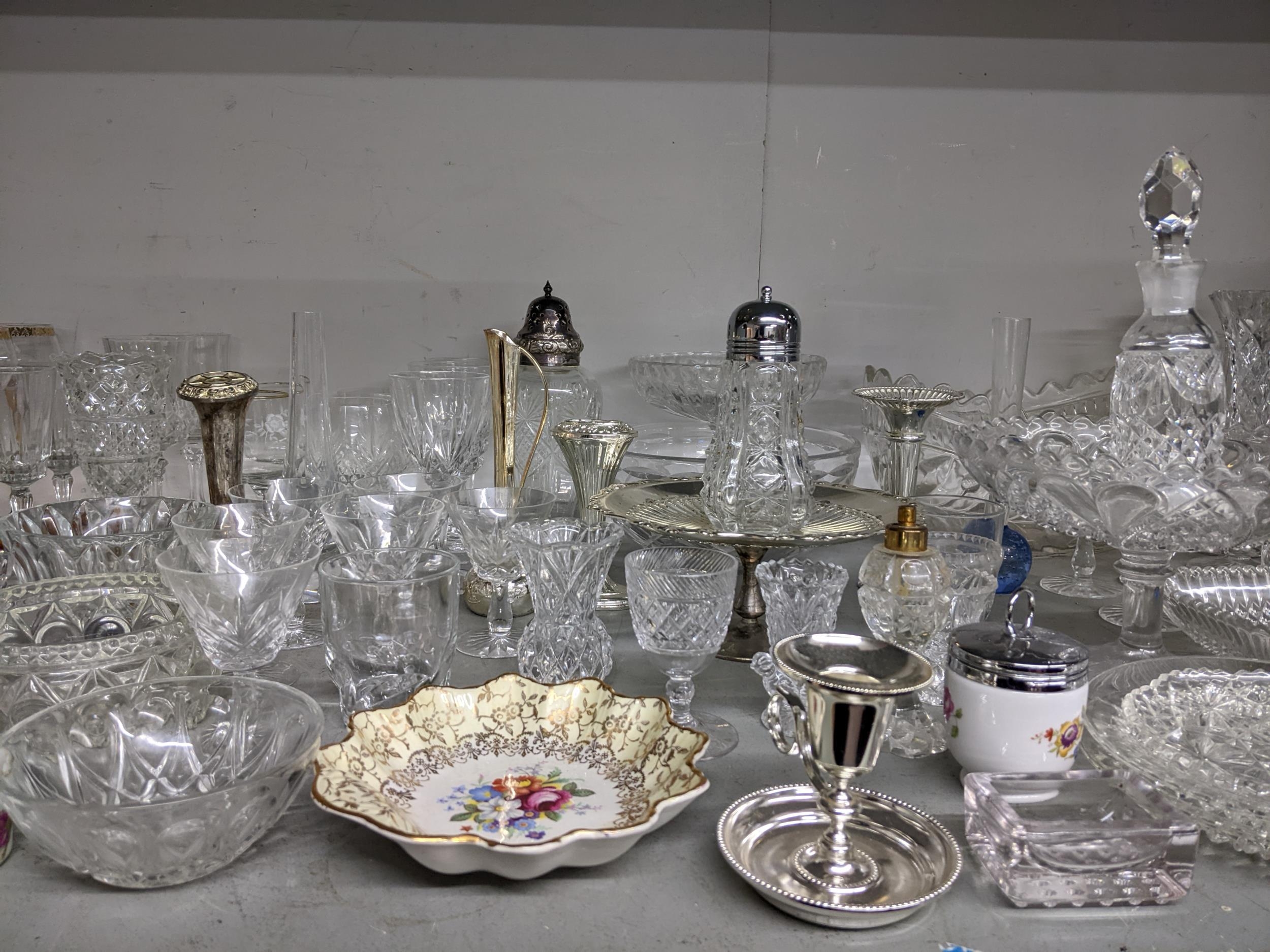 A mixed lot of cut and pressed table glassware, ceramics and other items to include a cake stand, - Image 3 of 4