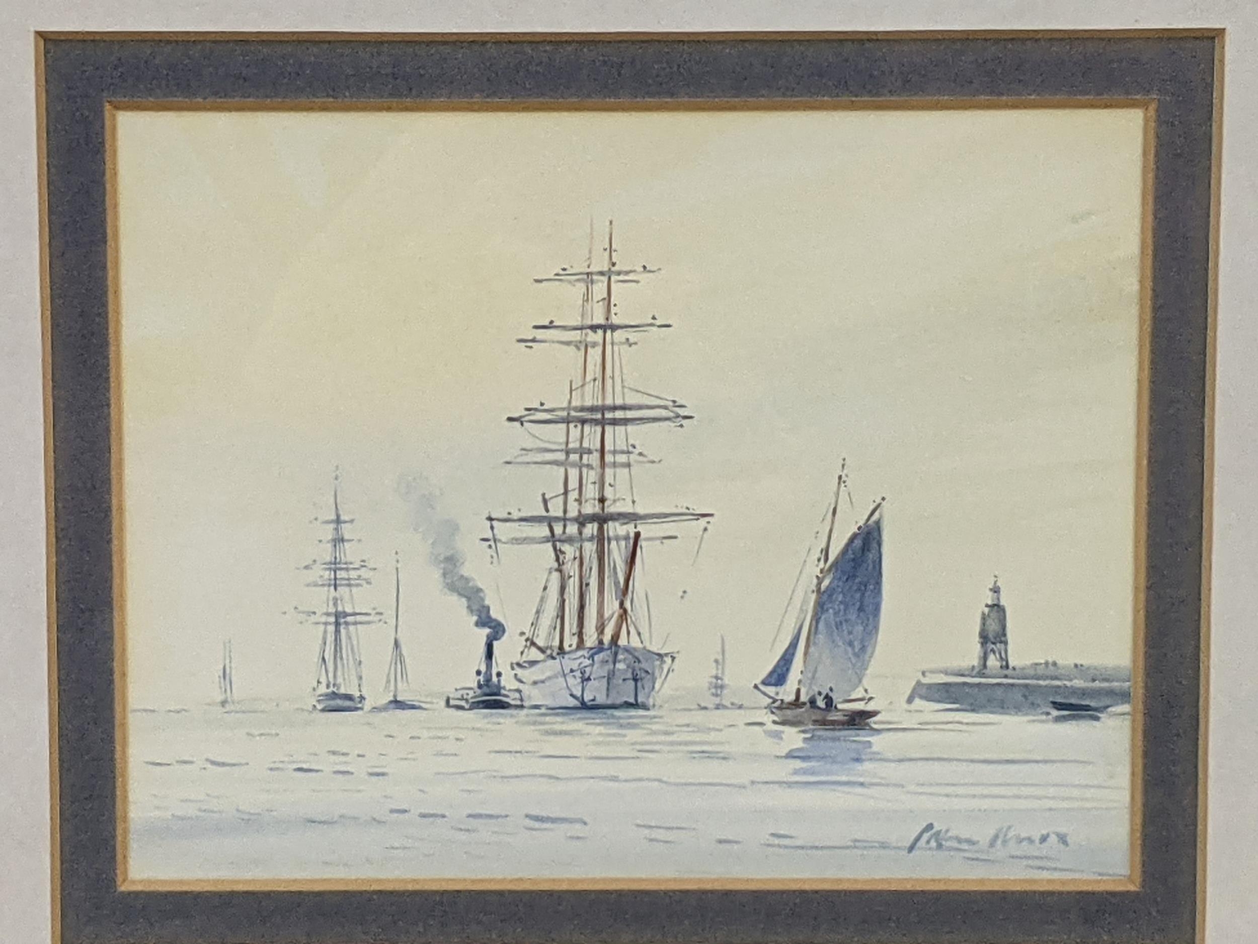 A watercolour on board depicting two tall shops and a smaller yacht near a harbour, signature 'peter - Image 3 of 8