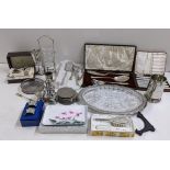 Mixed silver plate to include an Arthur Price boxed Christening set, a tankard and other items